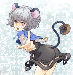 Rule 34 | 1girl, animal ears, basket, face, female focus, foreshortening, grey hair, jewelry, leaning forward, looking at viewer, mattie, mouse (animal), mouse ears, mouse tail, nazrin, open mouth, pendant, pink eyes, pointing, purple eyes, short hair, solo, tail, touhou