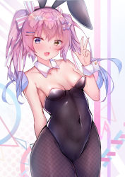 Rule 34 | 1girl, absurdres, animal ears, bare shoulders, breasts, cleavage, collarbone, commentary request, covered navel, cowboy shot, detached collar, fake animal ears, fang, fishnet pantyhose, fishnets, heart, heart-shaped pupils, heterochromia, highres, leotard, open mouth, original, pantyhose, pink hair, playboy bunny, purple eyes, rabbit ears, skin fang, sleeveless, small breasts, solo, strapless, strapless leotard, symbol-shaped pupils, tongue, twintails, twiska (doubitian), v, wrist cuffs, yellow eyes