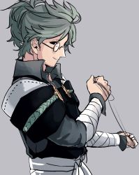 Rule 34 | 1boy, bandages, blue hair, closed mouth, collared shirt, fire emblem, fire emblem fates, from side, glasses, grey background, japanese clothes, long sleeves, looking at viewer, misokatsuhaumai, nintendo, ponytail, rope, shirt, smile, upper body, yukimura (fire emblem)