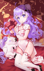 Rule 34 | 1girl, ahoge, azur lane, bed sheet, black footwear, box, breasts, bun cover, china dress, chinese clothes, cleavage, cleavage cutout, clothing cutout, covered navel, double bun, dress, gift, gift box, hair bun, hair ribbon, highres, kian, legs together, light purple hair, long hair, looking at viewer, medium breasts, open mouth, parted lips, pelvic curtain, pillow, purple eyes, ribbon, shoes, short sleeves, side slit, solo, stuffed animal, stuffed toy, stuffed unicorn, thighhighs, thighs, triangle mouth, unicorn, unicorn (azur lane), unicorn (the gift of spring) (azur lane), unicorn (the gift of spring) (azur lane), wavy hair, white thighhighs, wrist cuffs