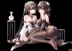 Rule 34 | 2girls, absurdres, ass, azur lane, bare shoulders, black background, black dress, black gloves, black hair, black legwear, blush, bodystocking, bottle, braid, grabbing another&#039;s breast, breasts, chen hai (azur lane), chen hai (vestibule of wonders) (azur lane), china dress, chinese clothes, cleavage, closed mouth, collarbone, detached collar, detached sleeves, dress, elbow gloves, flower, gloves, grabbing, hair between eyes, hair flower, hair ornament, hairband, half-closed eyes, hand on another&#039;s face, high heels, highres, lace, lace-trimmed gloves, lace-trimmed legwear, lace trim, large breasts, long hair, long sleeves, looking at viewer, multiple girls, no shoes, official alternate costume, pantyhose, pelvic curtain, ponytail, red eyes, side slit, sidelocks, simple background, smile, soles, thighband pantyhose, thighhighs, toes, very long hair, white dress, white flower, white footwear, xiongshouji, yuri