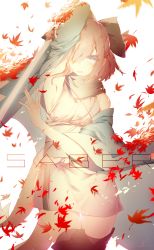 Rule 34 | 1girl, arm up, autumn, autumn leaves, backlighting, bare shoulders, black bow, black scarf, black thighhighs, blonde hair, blue eyes, bow, character name, cowboy shot, fate/grand order, fate (series), fingernails, gradient hair, hair between eyes, hair bow, hair over one eye, haori, highres, holding, holding sword, holding weapon, japanese clothes, kimono, koha-ace, leaf, looking at viewer, maple leaf, multicolored hair, okita souji (fate), okita souji (koha-ace), one eye covered, parted lips, ribbon, saihate (saihate d3), scarf, shinsengumi, short hair, short hair with long locks, short kimono, sidelocks, simple background, sleeveless, sleeveless kimono, solo, sword, thighhighs, thighs, weapon, white background, white kimono, wind, yellow eyes, zettai ryouiki