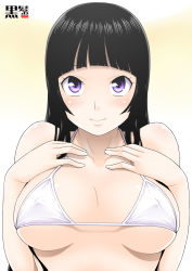 Rule 34 | 1girl, bare shoulders, bikini, bikini top only, black hair, blush, breasts, covered erect nipples, highres, hornet (artist), long hair, looking at viewer, purple eyes, simple background, smile, solo, swimsuit