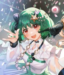 2girls \m/ black_gloves blonde_hair blush breasts brown_eyes cheek_poking earrings frilled_shirt frills gloves green_hair green_nails green_skirt hair_ornament heart i_setastar idol jewelry looking_at_viewer macross macross_frontier multiple_girls necklace poking ranka_lee sheryl_nome shirt short_hair skirt small_breasts smile solo_focus speech_bubble star_(symbol) star_hair_ornament white_shirt