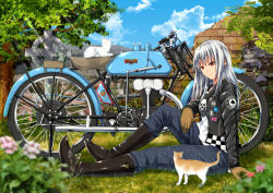 Rule 34 | 1girl, animal, ano hito, boots, cat, denim, highres, jeans, long hair, motor vehicle, motorcycle, original, pants, red eyes, silver hair, thigh boots, thighhighs