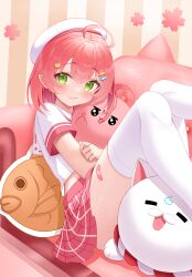 Rule 34 | 1girl, 35p (sakura miko), absurdres, ahoge, bandaid on thigh, beret, blush, closed mouth, commentary, couch, eyelashes, feet out of frame, full body, green eyes, hair between eyes, hair ornament, hat, highres, hololive, hugging object, indoors, knees together feet apart, leaning back, legs, medium hair, miniskirt, official alternate costume, pink hair, pink skirt, plaid, plaid skirt, pleated skirt, roina (effj7473), sakura miko, sakura miko (school uniform), school uniform, serafuku, short sleeves, sitting, skirt, solo, stuffed toy, thighhighs, thighs, virtual youtuber, white hat, white thighhighs