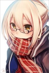 Rule 34 | 1girl, artoria pendragon (all), artoria pendragon (fate), black-framed eyewear, blonde hair, braid, checkered clothes, checkered scarf, close-up, covered mouth, dated, fate/grand order, fate (series), glasses, hair between eyes, koruta (nekoimo), looking at viewer, mysterious heroine x alter (fate), mysterious heroine x alter (first ascension) (fate), red scarf, saber (fate), scarf, semi-rimless eyewear, sidelocks, signature, simple background, solo, under-rim eyewear, upper body, white background, yellow eyes