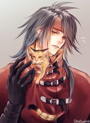 Rule 34 | 1boy, alt text, black hair, cat, cloak, final fantasy, final fantasy vii, gloves, headband, leather, leather gloves, long hair, looking down, messy hair, red eyes, s hitorigoto3, square enix, sweatdrop, torn clothes, vincent valentine