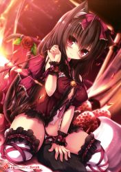Rule 34 | 1girl, absurdres, animal ears, babydoll, bell, black hair, black panties, blush, breasts, brown hair, cat ears, cat tail, dutch angle, flower, food, frills, fruit, garter straps, highres, jingle bell, kneeling, lace, large breasts, long hair, looking at viewer, mia flatpaddy, navel, original, panties, petals, red eyes, ribbon, rose, solo, strawberry, syroh, tail, tail ornament, tail ribbon, thighhighs, underwear, wrist cuffs