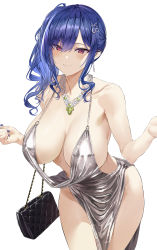 Rule 34 | 1girl, absurdres, azur lane, backless dress, backless outfit, bag, bare shoulders, blue hair, blush, breasts, center opening, cleavage, closed mouth, collarbone, cowboy shot, dress, earrings, evening gown, hair between eyes, hair ornament, halter dress, halterneck, handbag, highres, hiiragi yuuichi, huge filesize, jewelry, large breasts, leaning forward, looking at viewer, nail polish, necklace, official alternate costume, plunging neckline, purple eyes, revealing clothes, side ponytail, sidelocks, silver dress, simple background, smile, solo, st. louis (azur lane), st. louis (luxurious wheels) (azur lane), thighs, undressing, white background
