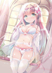 Rule 34 | 1girl, blush, bow, bow panties, bra, breasts, brown hair, cleavage, collared shirt, commentary request, dress shirt, garter belt, gluteal fold, green eyes, groin, hair between eyes, highres, kuriyuzu kuryuu, lace, lace-trimmed legwear, lace-trimmed panties, lace trim, long hair, long sleeves, looking at viewer, medium breasts, moe2021, navel, off shoulder, open clothes, open shirt, original, panties, parted lips, shirt, sleeves past wrists, solo, standing, strap slip, thighhighs, underwear, very long hair, white bra, white panties, white shirt, white thighhighs