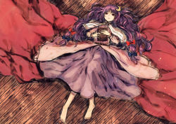 Rule 34 | 1girl, barefoot, berabou, blue bow, book, bow, capelet, crescent, crescent hair ornament, dress, expressionless, from above, hair bow, hair ornament, long hair, long sleeves, looking at viewer, lying, on back, patchouli knowledge, purple hair, red bow, red eyes, solo, touhou, very long hair