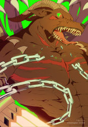 Rule 34 | belphemon, belphemon rage mode, chain, claws, dated, digimon, digimon (creature), drawinglee, fangs, glowing, glowing eyes, green background, horns, monster, no humans, open mouth, red eyes, saliva, scar, sharp teeth, simple background, solo, teeth, tongue, twitter username, veins, wings