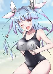 Rule 34 | 1girl, blue hair, breasts, brown eyes, collarbone, covered erect nipples, fang, hair ribbon, highres, i-19 (kancolle), kantai collection, kirigakure (kirigakure tantei jimusho), large breasts, long hair, multicolored hair, name tag, one-piece swimsuit, one eye closed, open mouth, purple hair, ribbon, school swimsuit, smile, solo, swimsuit, tri tails, two-tone hair