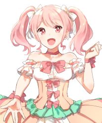 Rule 34 | 1girl, :d, bang dream!, bare shoulders, bow, bowtie, choker, clenched hand, detached sleeves, dress, frilled sleeves, frills, hair ribbon, hand up, komachi narota, looking at viewer, maruyama aya, open mouth, outstretched hand, pink bow, pink bowtie, pink choker, pink dress, pink eyes, pink hair, ribbon, short sleeves, sidelocks, simple background, smile, solo, white background, white ribbon, wrist bow, ||/