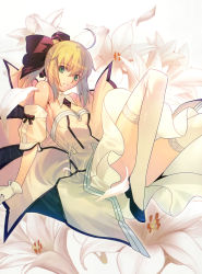 Rule 34 | 00s, 1girl, absurdres, ahoge, artoria pendragon (all), artoria pendragon (fate), bare shoulders, blonde hair, bow, breasts, capcom, cleavage, detached sleeves, fate/stay night, fate/unlimited codes, fate (series), flower, gloves, green eyes, hair bow, hair ribbon, highres, lily (flower), looking at viewer, petals, ponytail, ribbon, saber (fate), saber lily, solo, takeuchi takashi, thighhighs, thighs, white thighhighs, wing collar