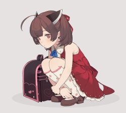 Rule 34 | 1girl, backpack, bag, blue ribbon, blush, brown eyes, brown footwear, brown hair, commentary request, dress, food print, frilled dress, frills, grey background, hair ribbon, headgear, highres, hugging own legs, kneehighs, mary janes, neck ribbon, randoseru, red dress, red ribbon, ribbon, school bag, shadow, shirinda fureiru, shoes, short hair, short twintails, simple background, sleeveless, sleeveless dress, socks, solo, squatting, strawberry print, touhoku kiritan, twintails, voiceroid, white background, white socks