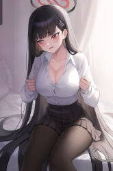 Rule 34 | 1girl, absurdres, averting eyes, backlighting, beomko, black hair, black pantyhose, black skirt, blue archive, blunt bangs, breasts, bright pupils, button gap, cleavage, collared shirt, curtains, embarrassed, hair ornament, hairclip, halo, highres, large breasts, long hair, on bed, open mouth, pantyhose, partially unbuttoned, pleated skirt, red eyes, rio (blue archive), shirt, sitting, skirt, solo, sweatdrop, very long hair, white shirt, window