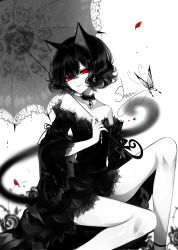 Rule 34 | 1girl, :d, absurdres, animal ears, artist name, bare shoulders, black dress, black hair, bug, butterfly, cat ears, collarbone, dress, feet out of frame, highres, insect, knee up, limited palette, looking at viewer, off-shoulder dress, off shoulder, open mouth, original, red eyes, sheya, short hair, signature, simple background, smile, solo, spot color, thighs, white background