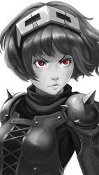 Rule 34 | 1girl, atlus, breasts, cheshirrr, closed mouth, commentary, english commentary, highres, mask, mask on head, medium breasts, niijima makoto, persona, persona 5, red eyes, sega, short hair, shoulder spikes, simple background, solo, spikes, spot color, upper body, v-shaped eyebrows, white background