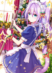 Rule 34 | 1girl, animal ears, apron, aqua eyes, blue dress, bow, broom, candle, cat ears, cat tail, christmas, christmas ornaments, christmas tree, coconat summer, commentary request, curtains, dress, frilled dress, frills, hair between eyes, highres, holding, holding broom, holly, indoors, long hair, looking at viewer, looking back, maid, maid headdress, original, purple hair, red ribbon, ribbon, short sleeves, sidelocks, solo, star (symbol), sweeping, table, tablecloth, tail, tail bow, tail ornament, tinsel, twintails, white apron, window, wrist ribbon, yellow bow