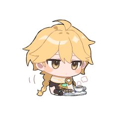 Rule 34 | 1boy, aether (genshin impact), ahoge, arm armor, armor, blonde hair, blush stickers, braid, brown gloves, brown shirt, checkerboard cookie, chibi, closed mouth, coffee, cookie, cup, food, genshin impact, gloves, gold trim, hair between eyes, half-closed eyes, hands up, holding, holding tray, long hair, looking to the side, male focus, neraku0403, plate, scarf, shirt, short sleeves, shoulder armor, simple background, solo, tray, upper body, white background, white scarf, yellow eyes