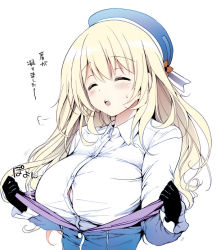 Rule 34 | 10s, 1girl, akina tsukako, atago (kancolle), black gloves, blonde hair, blue hat, blush, breasts, bursting breasts, closed eyes, dress shirt, gloves, hat, kantai collection, large breasts, long hair, military, military uniform, open mouth, personification, shirt, simple background, solo, translated, undressing, uniform, white background