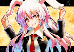 Rule 34 | 1girl, animal ears, blazer, blouse, buttons, collared shirt, highres, jacket, light purple hair, long hair, long sleeves, necktie, pleated skirt, purple hair, qqqrinkappp, rabbit ears, red eyes, red necktie, reisen udongein inaba, shirt, skirt, solo, touhou, traditional media, very long hair, white shirt