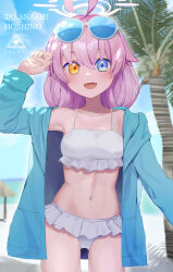 Rule 34 | 1girl, :d, absurdres, ahoge, beach, bikini, blue archive, blue eyes, blue jacket, breasts, character name, collarbone, eyewear on head, fang, frilled bikini, frills, halo, heterochromia, highres, hoshino (blue archive), hoshino (swimsuit) (blue archive), jacket, long hair, long sleeves, looking at viewer, mishio (misio 40), navel, ocean, official alternate costume, open clothes, open jacket, open mouth, outdoors, palm tree, skin fang, small breasts, smile, solo, standing, sunglasses, swimsuit, tree, white bikini, yellow eyes