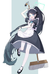 1girl :d absurdly_long_hair absurdres apron aqua_halo aris_(blue_archive) aris_(maid)_(blue_archive) arm_up back_bow black_dress black_hair black_shoes black_wrist_cuffs blue_archive blue_bow blue_bowtie blue_eyes blush bow bowtie bright_pupils commentary doumu_(31678316) dress dutch_angle frilled_apron frills full_body hair_intakes halo happy highres holding holding_mop kei_(robot)_(blue_archive) long_hair looking_at_viewer maid_apron maid_headdress mary_janes mop official_alternate_costume official_alternate_hairstyle open_mouth pantyhose parted_bangs ponytail puffy_short_sleeves puffy_sleeves rectangular_halo ringed_eyes shoes short_sleeves sidelocks simple_background skirt_hold smile solo standing standing_on_one_leg very_long_hair white_apron white_background white_bow white_pantyhose white_pupils wrist_cuffs