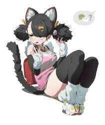 Rule 34 | 1girl, absurdres, animal ears, backpack, bag, bell, black fur, black hair, black thighhighs, cat ears, cat girl, cat tail, character request, clothing cutout, copyright request, double bun, frown, green eyes, hair bun, hair ornament, hairpin, highres, jingle bell, knees up, long hair, long sleeves, multiple hairpins, open mouth, red bag, shoes, shoulder cutout, simple background, sitting, sleeves past wrists, sneakers, solo, sweat, tail, thighhighs, waterkuma, white background