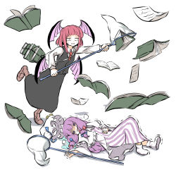 Rule 34 | 2girls, bat wings, black skirt, black vest, blue ribbon, book, boots, breath, brown footwear, capelet, crescent, crescent hat ornament, dress, floating, floating book, floating object, hair ribbon, hand net, hand on own stomach, hat ornament, head wings, highres, koakuma, long hair, lying, medium hair, multiple girls, necktie, on back, open mouth, pages, patchouli knowledge, peroponesosu., purple eyes, purple hair, red hair, red neckwear, red ribbon, ribbon, shirt, simple background, skirt, slit pupils, striped clothes, striped dress, sweatdrop, touhou, trembling, unworn headwear, vest, white background, white capelet, white shirt, wings
