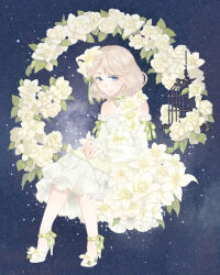 1girl ankle_bow ankle_ribbon bare_shoulders birdcage blonde_hair blue_eyes bow cage character_request choker closed_mouth colored_eyelashes detached_sleeves dress flower frilled_choker frilled_dress frilled_sleeves frills full_body green_ribbon hair_flower hair_ornament hair_ribbon hands_on_lap high_heels highres invisible_chair leg_ribbon lily_(flower) lipstick makeup medium_dress medium_hair miracle_nikki neck_ribbon nikki_(series) own_hands_together pink_lips ribbon rose shoes single_strap sitting sky sleeveless sleeveless_dress sleeves_past_wrists smile solo star_(sky) starry_sky stiletto_heels white_choker white_dress white_flower white_rose white_shoes white_sleeves ylllkong