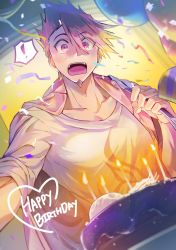 Rule 34 | !, 1boy, blush, cake, candle, collarbone, danganronpa (series), danganronpa v3: killing harmony, dari v3, facial hair, food, goatee, hair between eyes, happy birthday, heart, highres, holding, jacket, jacket on shoulders, male focus, momota kaito, multicolored background, open clothes, open jacket, open mouth, pink eyes, print shirt, shirt, solo, spiked hair, surprised, teeth, upper body, upper teeth only
