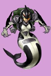 Rule 34 | 1girl, absurdres, bad id, bad twitter id, black eyes, breasts, claws, clenched teeth, commentary, english commentary, highres, looking ahead, makoto ono, medium breasts, mermaid, monster girl, open hands, original, purple background, solo, teeth, transformers, visor