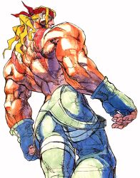 Rule 34 | 1boy, alex (street fighter), ass, back, blonde hair, capcom, fingerless gloves, gloves, headband, long hair, looking back, male focus, manly, muscular, official art, overalls, topless male, solo, street fighter, street fighter iii (series)