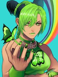 Rule 34 | 1girl, bad id, bad twitter id, bare shoulders, black hair, blue background, braid, braided ponytail, bug, butterfly, butterfly on hand, chain, choker, closed mouth, double bun, ear piercing, eyelashes, eyes visible through hair, fingernails, green choker, green eyes, green hair, green lips, green nails, green tank top, hair between eyes, hair bun, hand up, highres, insect, jojo no kimyou na bouken, kuujou jolyne, kzknmkz, lips, lipstick, looking at viewer, makeup, multicolored hair, nail art, nail polish, piercing, portrait, rainbow, reaching, reaching towards viewer, simple background, solo, stone ocean, tank top, tattoo, two-tone hair, upper body, wristband