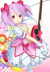 Rule 34 | 10s, 1girl, :d, bad id, bad pixiv id, blush, bow, dress, electric guitar, fernandes zo-3, gloves, guitar, hair ribbon, highres, instrument, kaname madoka, looking at viewer, magical girl, mahou shoujo madoka magica, mahou shoujo madoka magica (anime), music, ogadenmon, open mouth, pink eyes, pink hair, playing instrument, ribbon, short hair, short twintails, smile, solo, thighhighs, twintails, white thighhighs