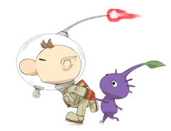 1boy backpack bag big_nose black_eyes brown_hair buttons closed_eyes colored_skin commentary_request full_body gloves helmet holding_hands leaf leaning_forward looking_at_another male_focus motion_blur naru_(wish_field) nintendo no_mouth olimar patch pikmin_(creature) pikmin_(series) pointy_ears purple_hair purple_pikmin purple_skin radio_antenna red_bag red_gloves running shadow short_hair simple_background space_helmet spacesuit very_short_hair whistle white_background