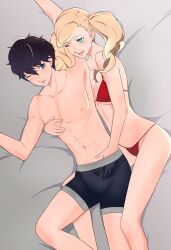 Rule 34 | abs, absurdres, amamiya ren, aqua eyes, armpits, assertive female, bed sheet, bedroom, bikini, black hair, blonde hair, boxer briefs, clothed sex, happy sex, highres, light smile, looking at another, male underwear, micro bikini, non-web source, one eye closed, persona, persona 5, resolution mismatch, seductive smile, smile, source smaller, swimsuit, takamaki anne, twintails, underwear, wanderstillart