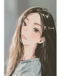 Rule 34 | 1girl, animification, black hair, bubble gum (newjeans), grey shirt, hair behind ear, head tilt, highres, hyein (newjeans), k-pop, light frown, looking at viewer, newjeans, pillarboxed, pink lips, polo tokki, portrait, real life, shirt, solo