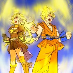 Rule 34 | 1boy, 1girl, ahoge, aura, battle aura, belt, bike shorts, blonde hair, blue belt, blue eyes, boots, breasts, cleavage, clenched hand, clenched hands, crossover, determined, dougi, dragon ball, dragonball z, ember celica (rwby), energy, fingerless gloves, floating hair, gloves, glowing, glowing eyes, jacket, karate gi, long hair, looking to the side, martial arts belt, muscular, naomi gumbs (hanamimi), open mouth, orange scarf, pants, parody, power-up, powering up, red eyes, rwby, scarf, screaming, serious, short sleeves, side-by-side, skirt, sleeveless, son goku, spiked hair, standing, super saiyan, tank top, team, teamwork, teeth, tongue, transformation, very long hair, yang xiao long