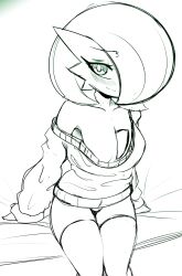 Rule 34 | 1girl, absurdres, arms at sides, bed sheet, blush, bob cut, bottomless, breasts, closed mouth, collarbone, creatures (company), female focus, fir3born, game freak, gardevoir, gen 3 pokemon, hair over one eye, happy, highres, long sleeves, looking at viewer, medium breasts, monochrome, nintendo, nose blush, off shoulder, one eye covered, oversized clothes, personification, pokemon, pokemon (creature), raised eyebrows, short hair, simple background, single bare shoulder, sitting, sketch, sleeves past wrists, smile, solo, split mouth, sweater, thighhighs, thighs, white background