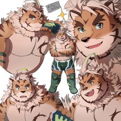 Rule 34 | 1boy, absurdres, ahoge, animal ears, bara, bare pectorals, beard, belly, blue eyes, bulge, collage, crossed arms, expressions, facial hair, facial mark, fangs, fat, fat man, furry, furry male, highres, hombre tigre (housamo), large pectorals, male focus, muscular, muscular male, neumo, no nipples, pectorals, short hair, smile, sparkle, thick eyebrows, tiger boy, tiger ears, tokyo houkago summoners, translation request, whisker markings, white hair, wrestling outfit