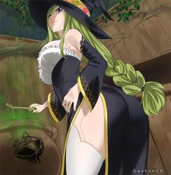 Rule 34 | 1girl, ass, bare shoulders, blue eyes, breasts, colorized, dress, eden&#039;s zero, gaston18, green hair, hat, highres, large breasts, long hair, mashima hiro, nail polish, tagme, thighhighs, witch (eden&#039;s zero), witch hat