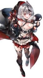 Rule 34 | 1girl, animal hood, belt, black belt, black jacket, black thighhighs, blush, boots, bow, braid, breasts, camisole, cleavage, ear piercing, fang, full body, garter straps, grey background, grey hair, hand on headwear, hand up, heart pendant, highres, holding, holding mask, hololive, hood, hood down, jacket, large breasts, looking at viewer, mask, miniskirt, multicolored hair, multiple belts, off shoulder, open mouth, orca hood, piercing, plaid, plaid bow, plaid skirt, pleated skirt, red eyes, red skirt, sakamata chloe, simple background, skirt, solo, soraneko hino, standing, streaked hair, thighhighs, torn clothes, torn thighhighs, virtual youtuber, white camisole