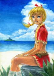Rule 34 | 1girl, bad id, bad pixiv id, blonde hair, blue eyes, braid, breasts, chrono cross, colored pencil (medium), commentary request, highres, jewelry, kid (chrono cross), long hair, looking at viewer, midriff, multi-tied hair, necklace, ocean, painting (medium), ponytail, single braid, skirt, smile, solo, traditional media, vest, watercolor (medium)