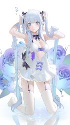 Rule 34 | 1girl, absurdres, armpits, arms up, bare shoulders, blue eyes, blue flower, blue hair, blue rose, breasts, cleavage, commentary request, detached collar, dress, floral background, flower, flower request, full body, garter straps, grey flower, hair flower, hair flowing over, hair ornament, hands in hair, highres, kneeling, light blue hair, light blush, long hair, looking at viewer, medium breasts, ohisashiburi, original, pale skin, parted lips, reflection, rose, simple background, solo, thighhighs, very long hair, water, white background, white dress, white flower, white thighhighs