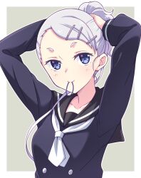 Rule 34 | 1girl, alternate hairstyle, black sailor collar, black shirt, blue eyes, blush, breasts, character request, check character, closed mouth, e20, forehead, grey background, grey hair, hair ornament, hair tie, hair tie in mouth, hairclip, konno junko, long hair, long sleeves, looking at viewer, medium breasts, mouth hold, neckerchief, outline, outside border, ponytail, puffy long sleeves, puffy sleeves, sailor collar, shirt, short eyebrows, smile, solo, thick eyebrows, two-tone background, tying hair, upper body, white background, white neckerchief, white outline, zombie land saga