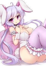 Rule 34 | 10s, 1girl, ahoge, animal ears, armband, ass, bare shoulders, blush, bow, bowtie, breasts, cleavage, detached collar, fake animal ears, frilled thighhighs, frills, hair ornament, hair scrunchie, hands on own chest, highres, large breasts, leotard, light purple hair, long hair, looking at viewer, open mouth, pillow, playboy bunny, purple eyes, rabbit ears, rabbit girl, rabbit tail, ringed eyes, scrunchie, senki zesshou symphogear, simple background, sitting, solo, tail, tatuyayosi, thighhighs, tsurime, twintails, white background, wrist cuffs, yukine chris